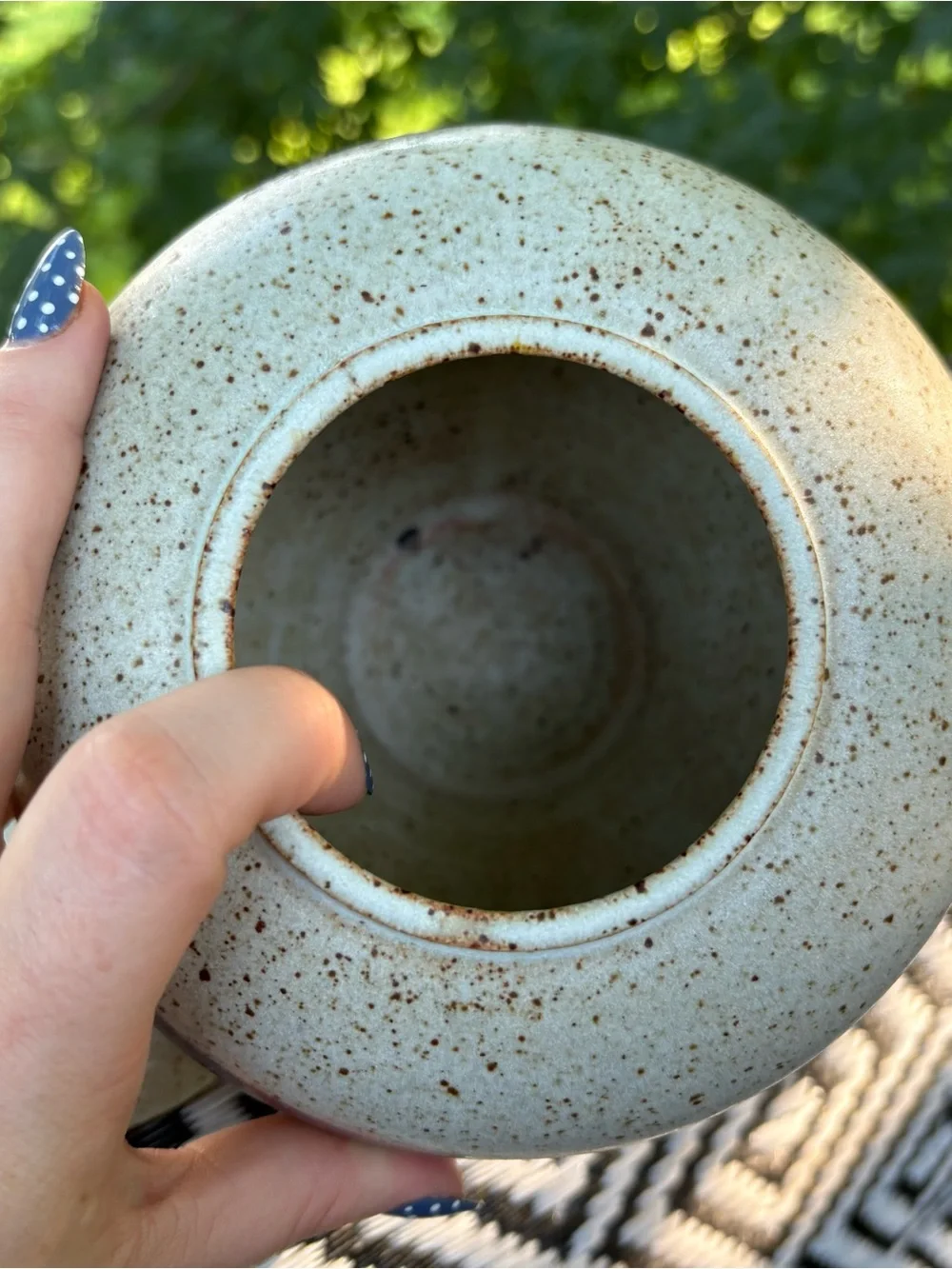 Vintage handmade stoneware speckled landscape pottery w lid